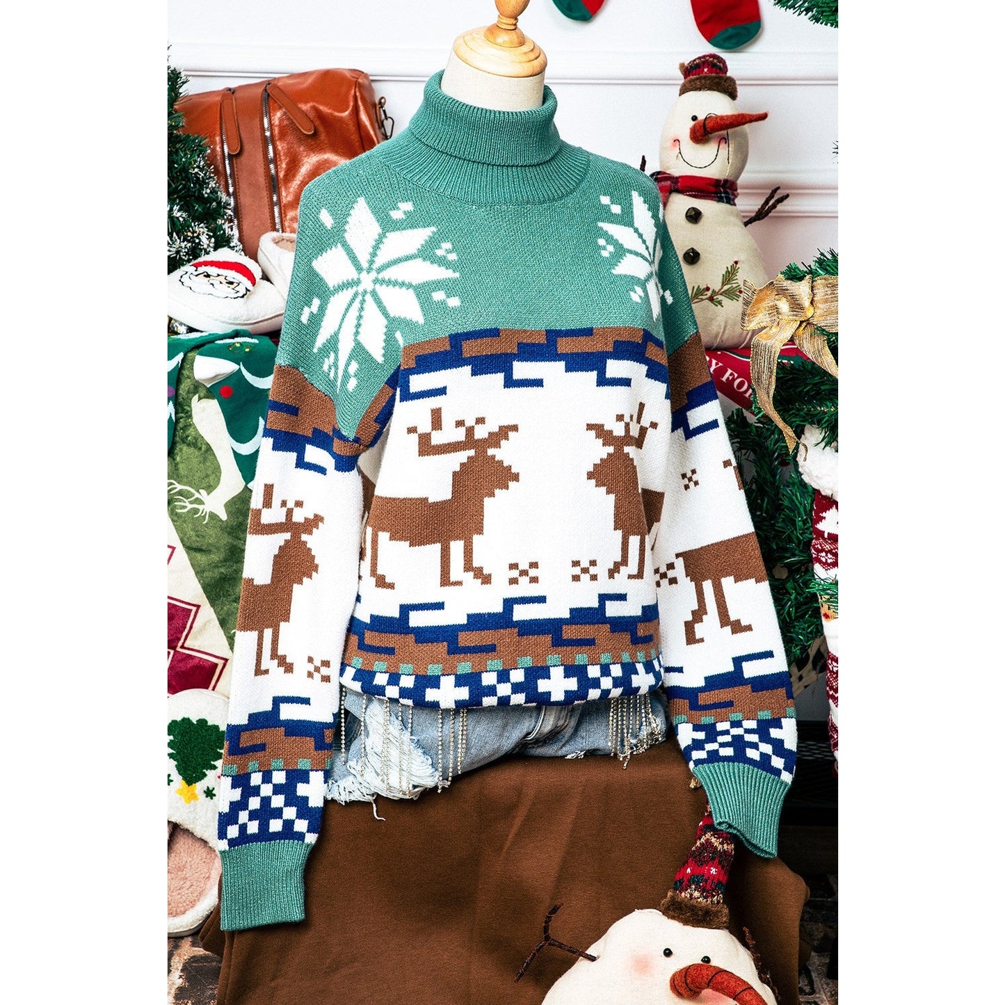 Christmas Reindeer Snowflake Colorblock Turtleneck Sweater