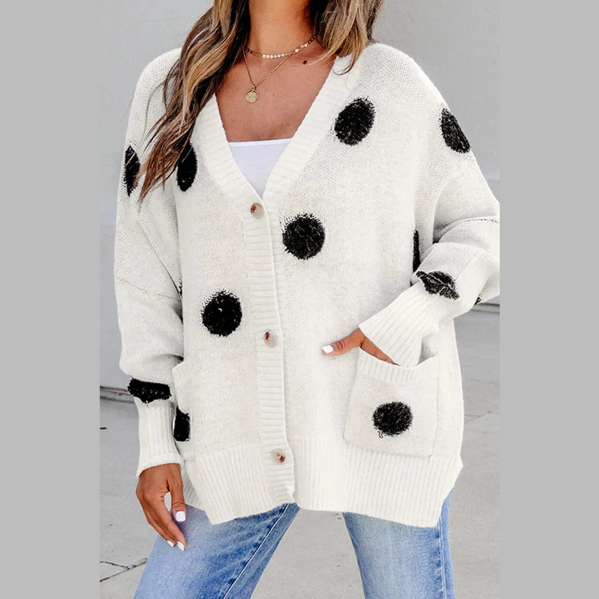 Renae Polka Dot Button Front Oversized V Neck Cardigan