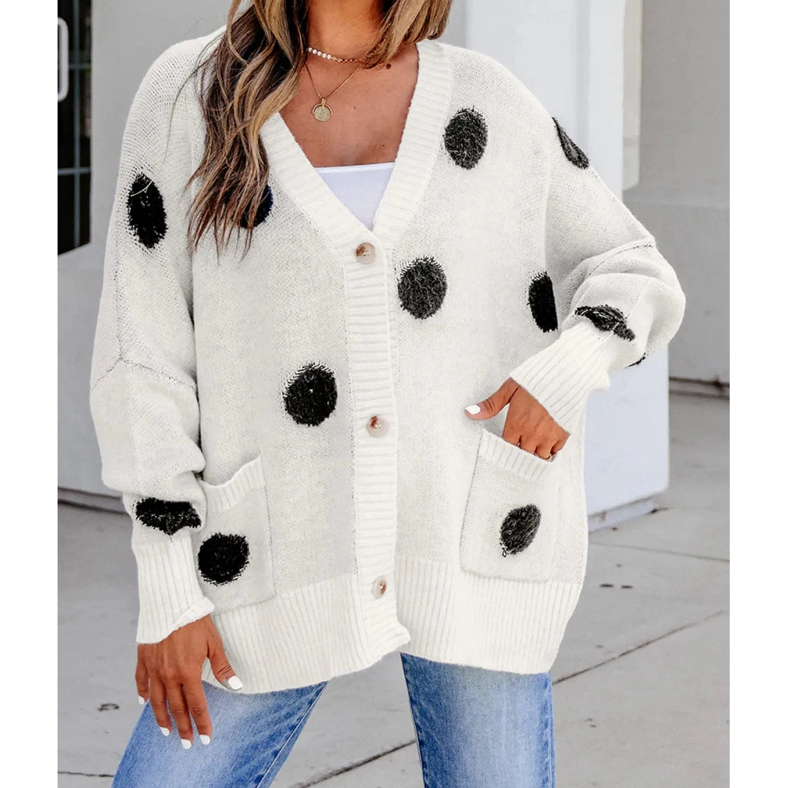Renae Polka Dot Button Front Oversized V Neck Cardigan