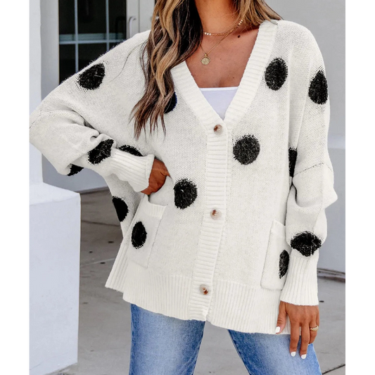 Renae Polka Dot Button Front Oversized V Neck Cardigan