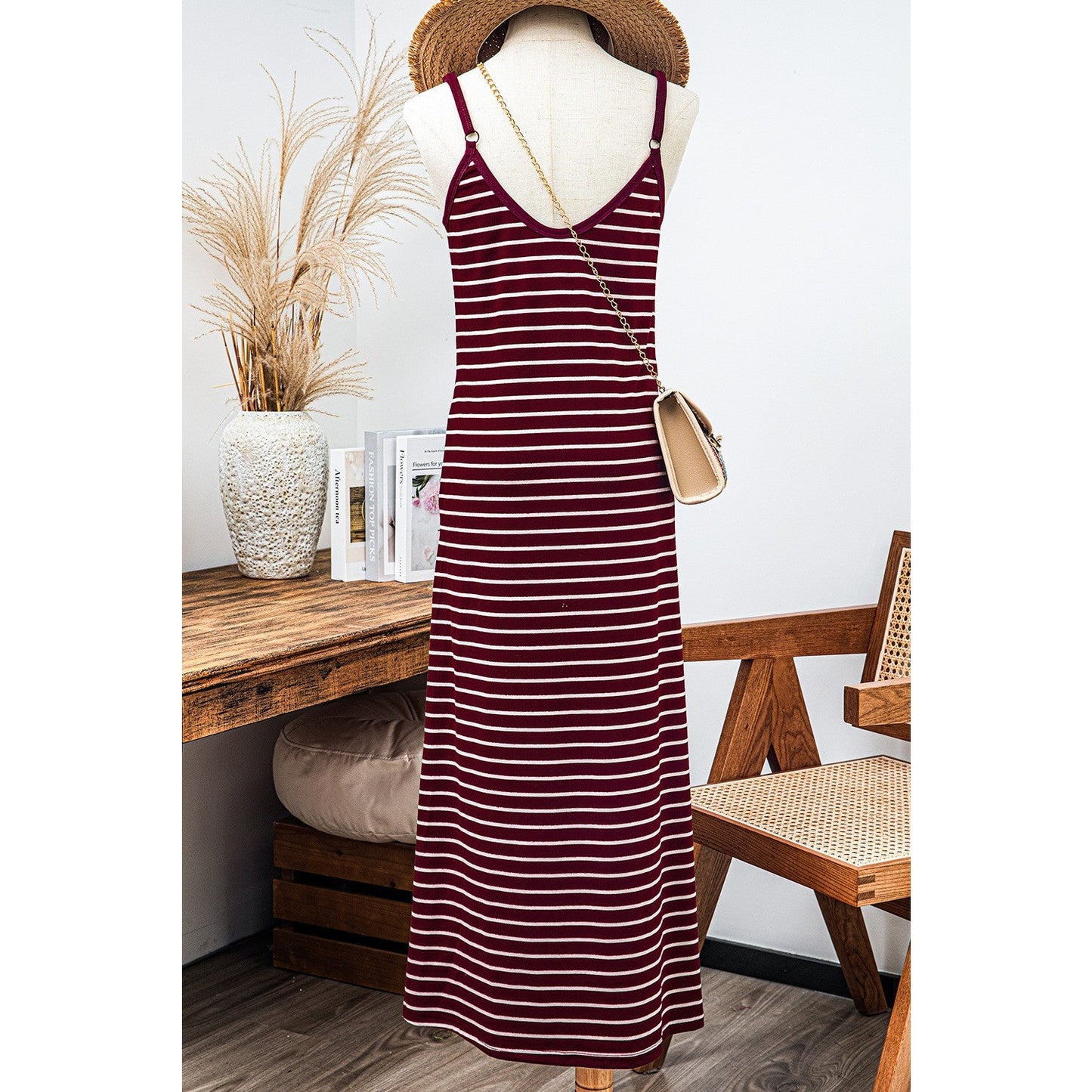 Renee Red Stripe Side Pocket Spaghetti Straps Maxi Dress