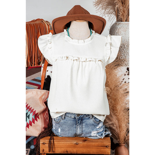 REDUCED!!!  Retha Ruffle Trim Waffle Knit Blouse  REDUCED!!!