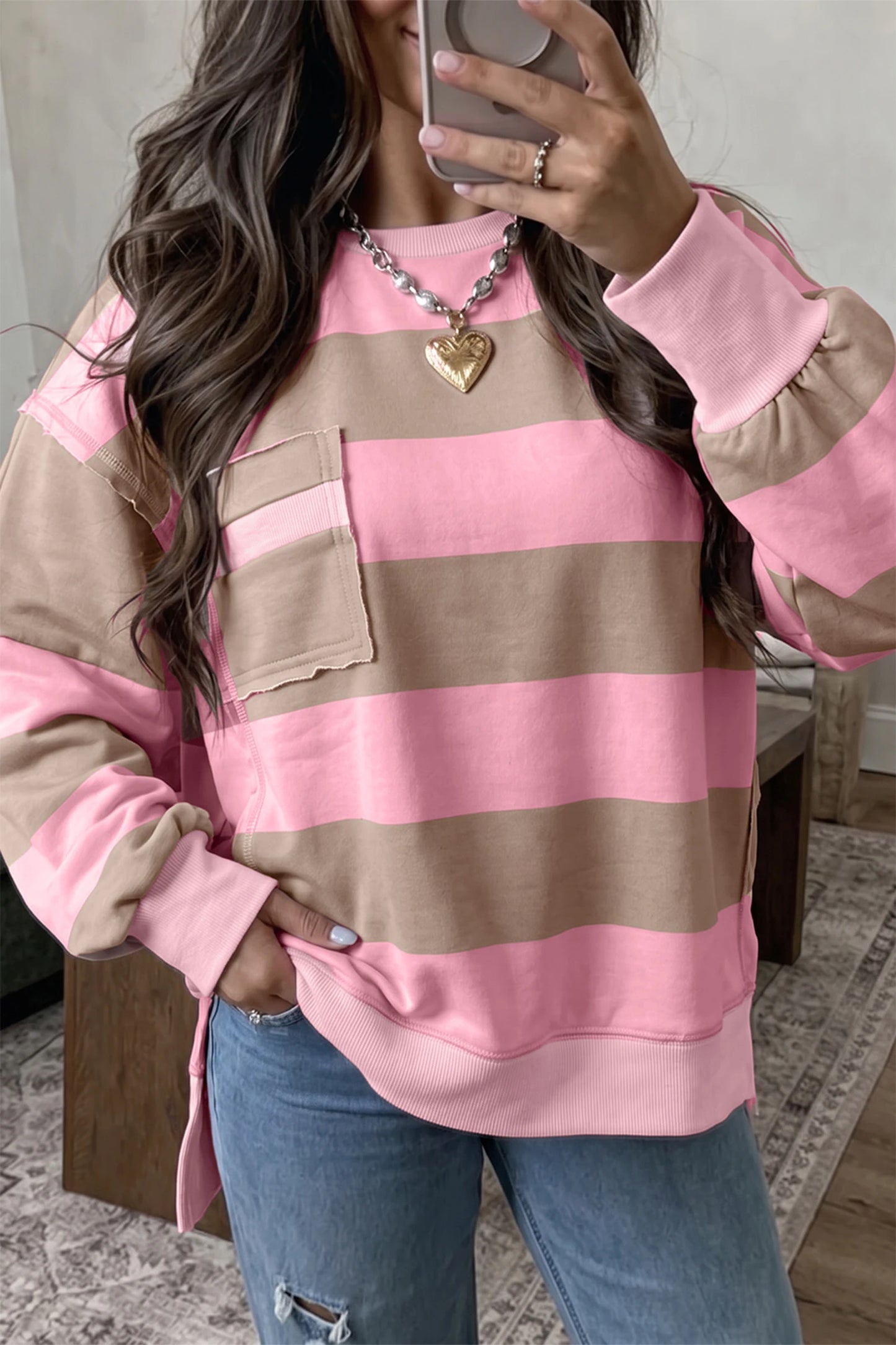 Retha Pink Stripe Colorblock Patch Pocket Split Hem Oversized Long Sleeve Sweatshirt