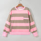 Retha Pink Stripe Colorblock Patch Pocket Split Hem Oversized Long Sleeve Sweatshirt