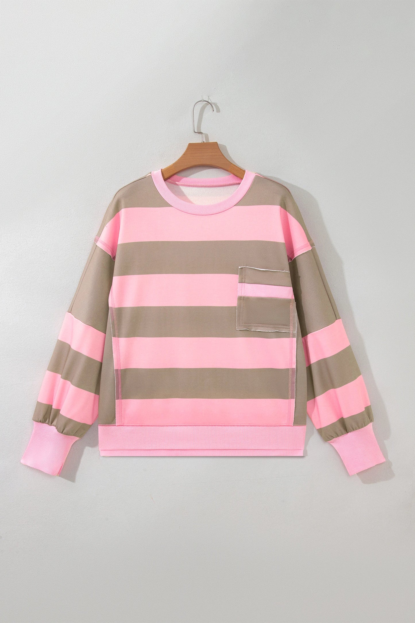 Retha Pink Stripe Colorblock Patch Pocket Split Hem Oversized Long Sleeve Sweatshirt