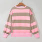Retha Pink Stripe Colorblock Patch Pocket Split Hem Oversized Long Sleeve Sweatshirt