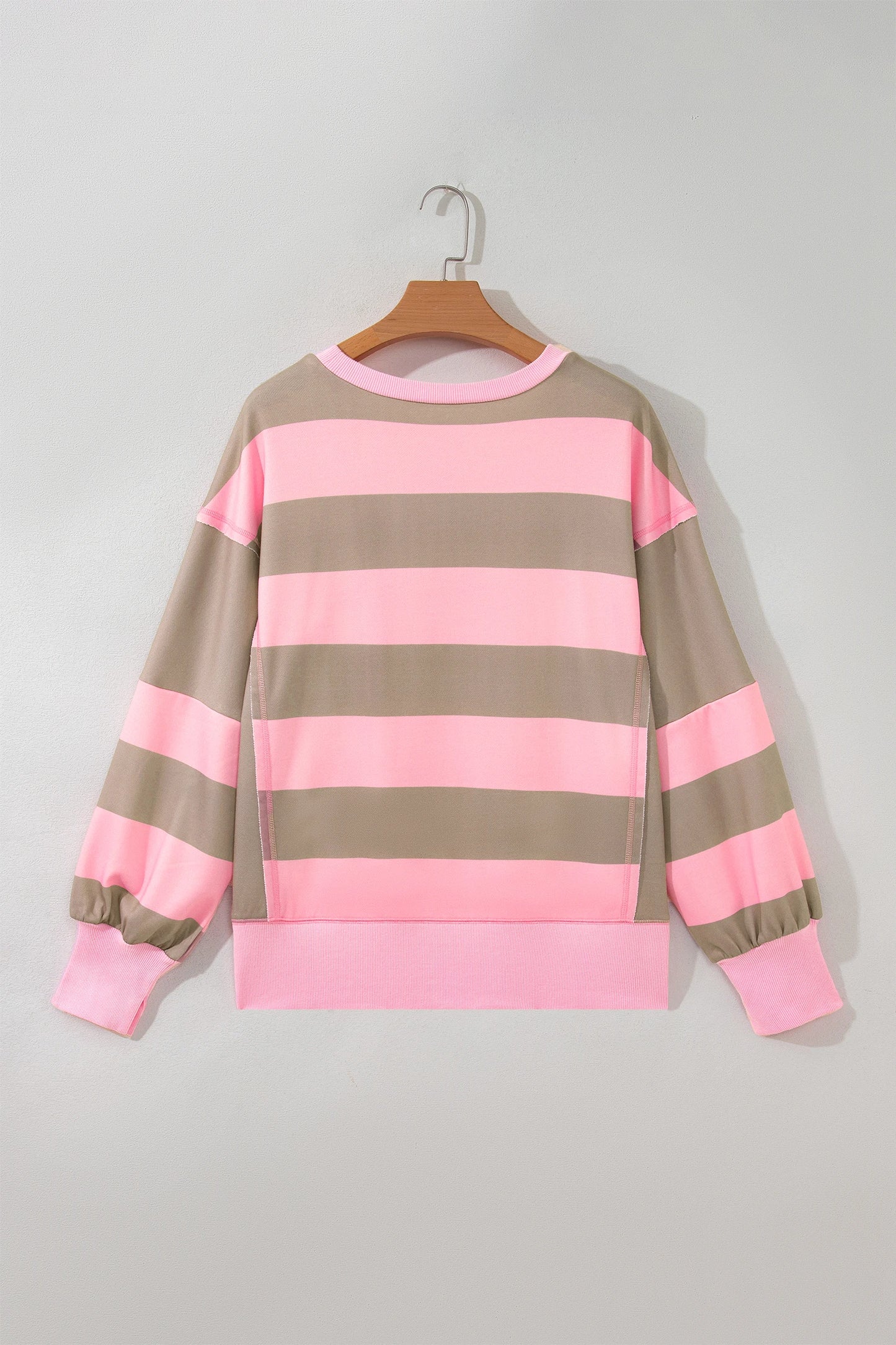 Retha Pink Stripe Colorblock Patch Pocket Split Hem Oversized Long Sleeve Sweatshirt