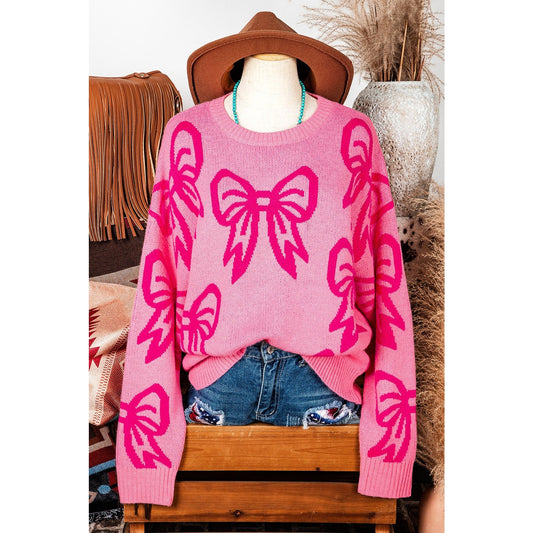 Rhianna Pink Bow Pattern Drop Shoulder Loose Sweater