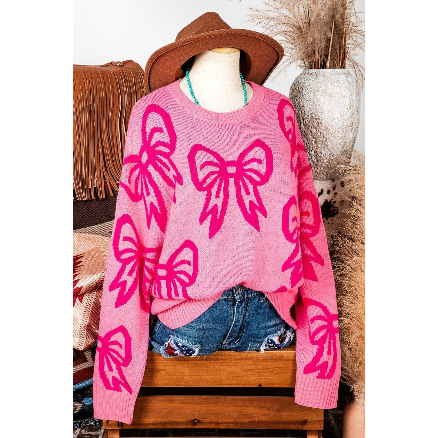 Rhianna Pink Bow Pattern Drop Shoulder Loose Sweater