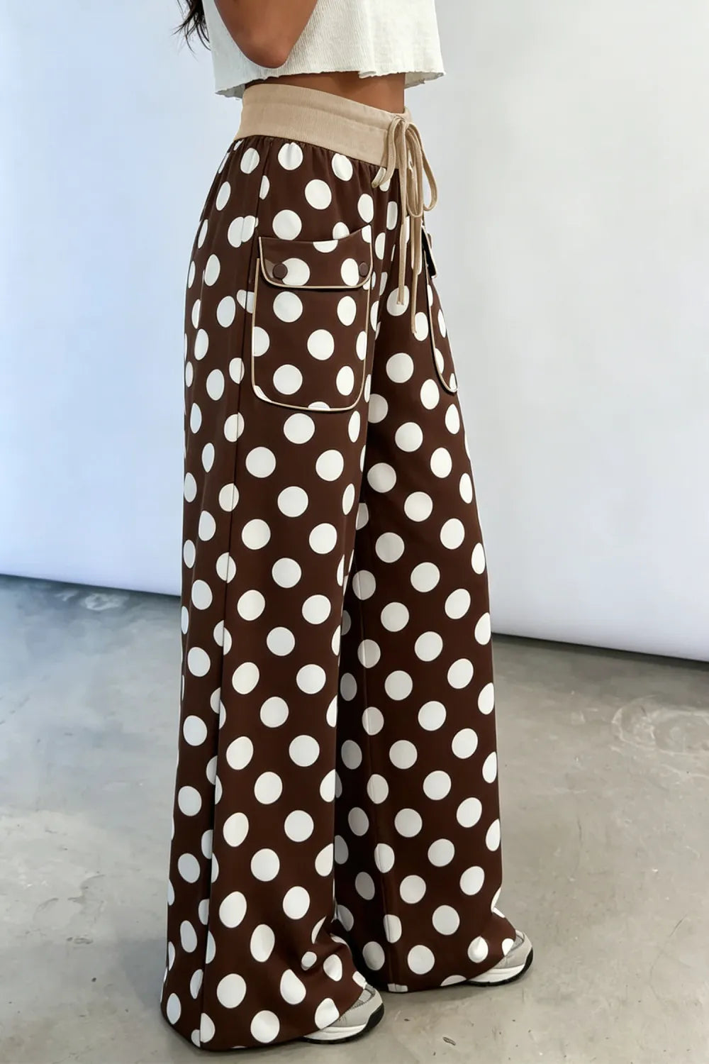 Rhonda Brown Polka Dot Drawstring Pocket Wide Leg Pants