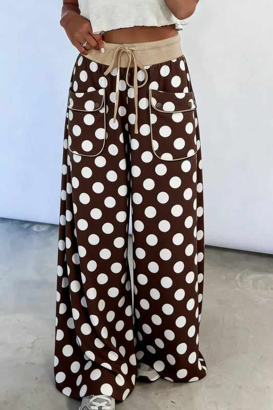 Rhonda Brown Polka Dot Drawstring Pocket Wide Leg Pants