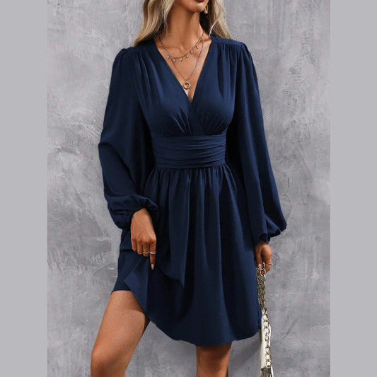 Ricki Blue Ruched Waist Lantern Long Sleeve Blouse