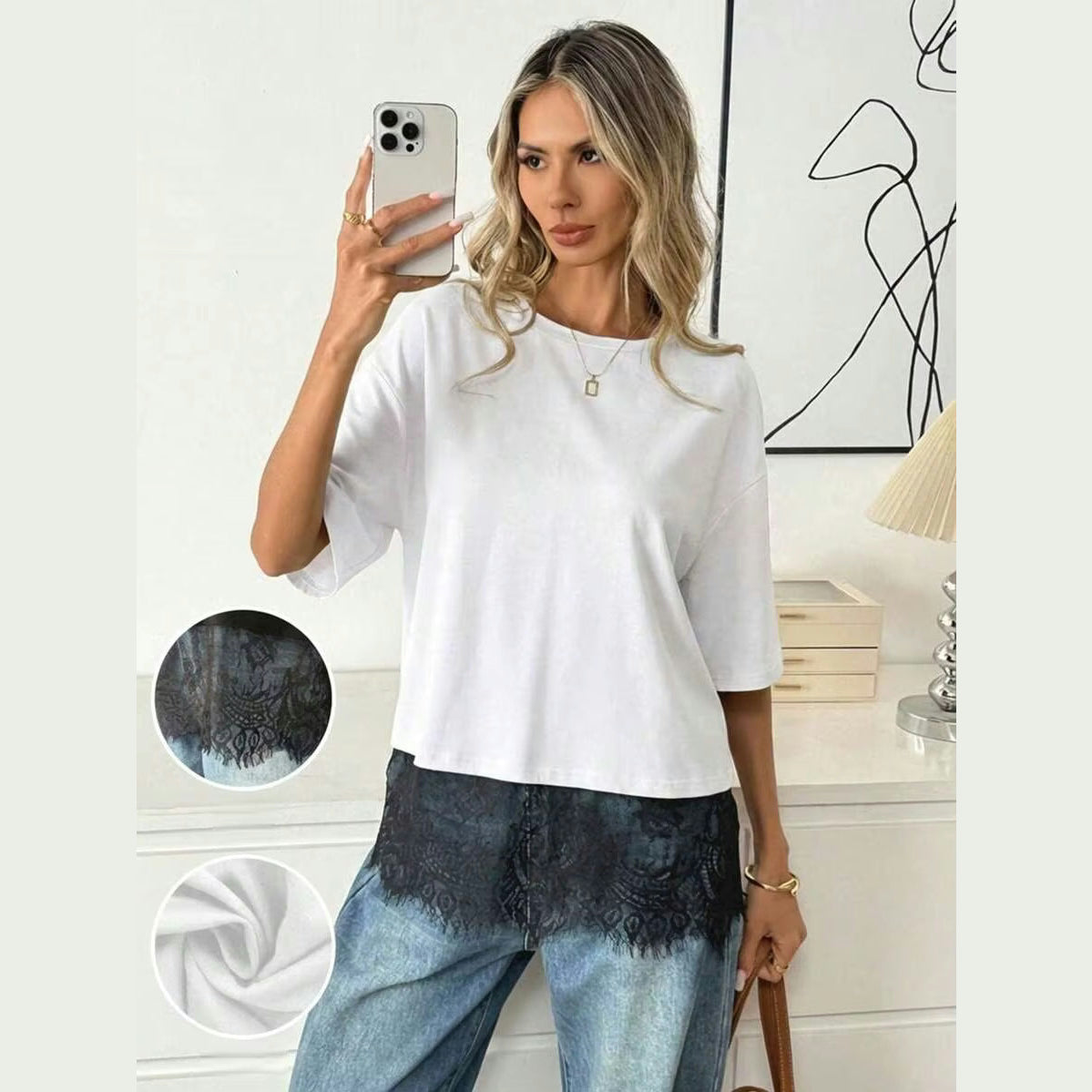 Rickie Classic White Top with Black Lace Detail
