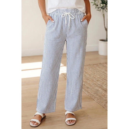 Ridley Blue Stripe Drawstring Elastic Waist Ankle Length Shift Pants