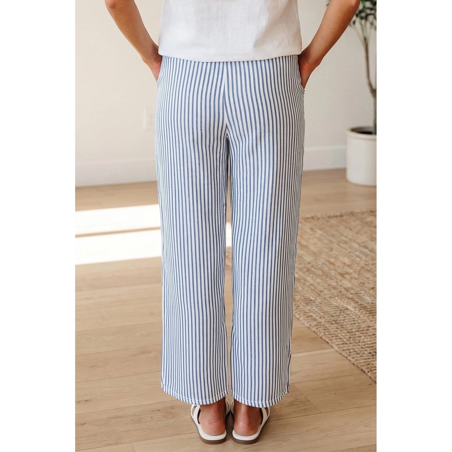 Ridley Blue Stripe Drawstring Elastic Waist Ankle Length Shift Pants