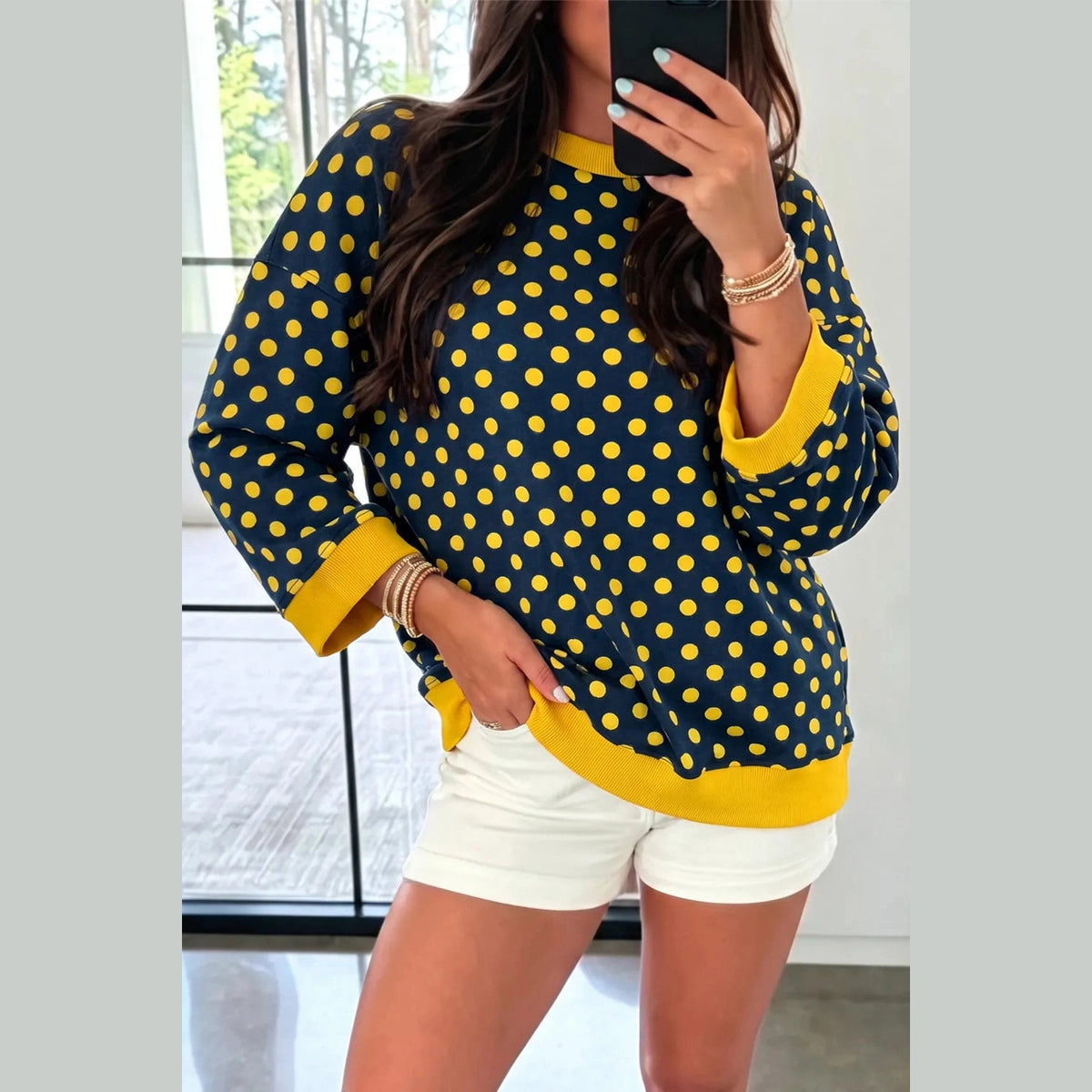 Rilyn Yellow Polka Dot Print Contrast Trim Round Neck Bracelet Sleeve Top