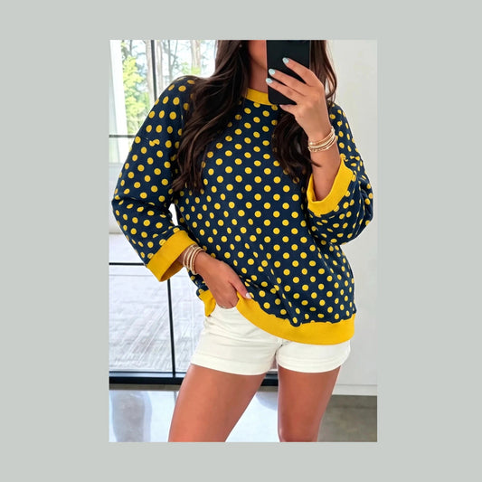 Rilyn Yellow Polka Dot Print Contrast Trim Round Neck Bracelet Sleeve Top
