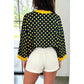 Rilyn Yellow Polka Dot Print Contrast Trim Round Neck Bracelet Sleeve Top