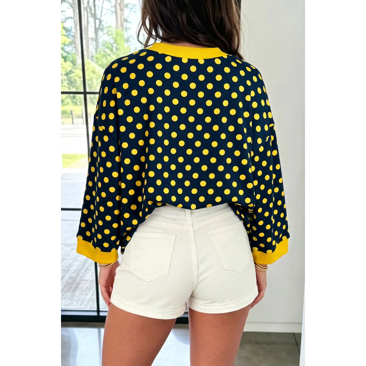 Rilyn Yellow Polka Dot Print Contrast Trim Round Neck Bracelet Sleeve Top