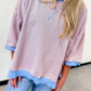 Rissa Sky Blue Stripe Colorblock Scalloped Trim Loose 3/4 Sleeve Top