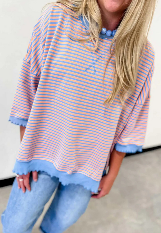 Rissa Sky Blue Stripe Colorblock Scalloped Trim Loose 3/4 Sleeve Top