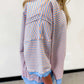 Rissa Sky Blue Stripe Colorblock Scalloped Trim Loose 3/4 Sleeve Top