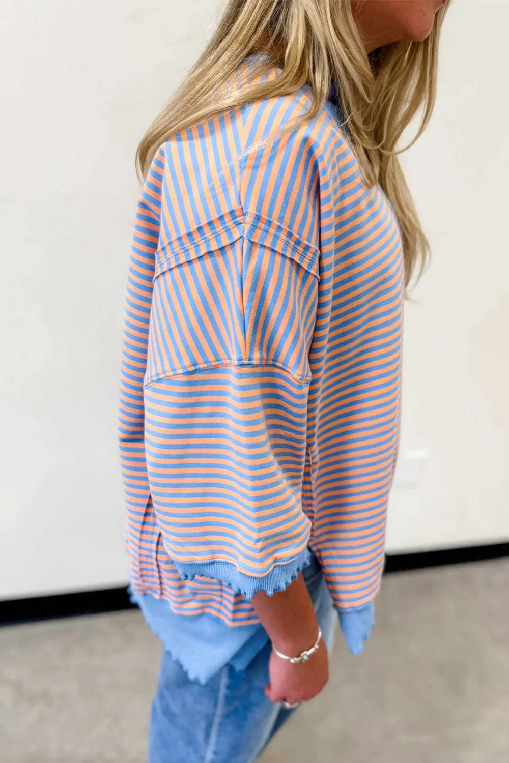 Rissa Sky Blue Stripe Colorblock Scalloped Trim Loose 3/4 Sleeve Top