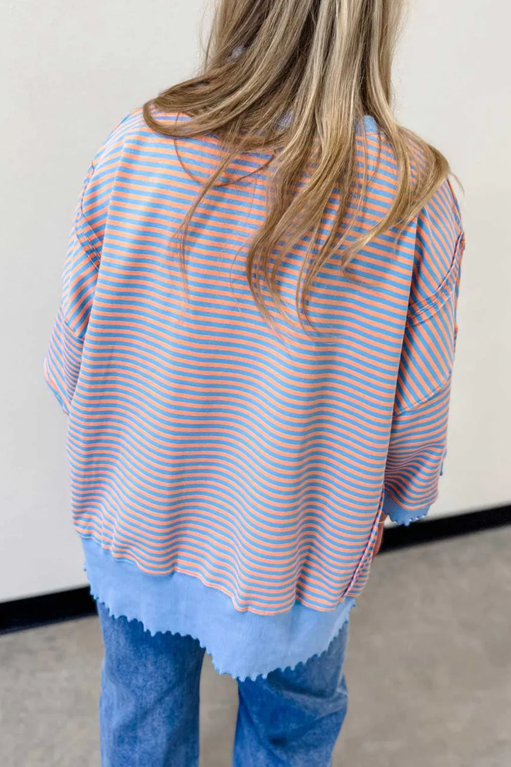 Rissa Sky Blue Stripe Colorblock Scalloped Trim Loose 3/4 Sleeve Top