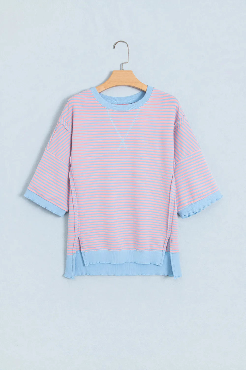 Rissa Sky Blue Stripe Colorblock Scalloped Trim Loose 3/4 Sleeve Top
