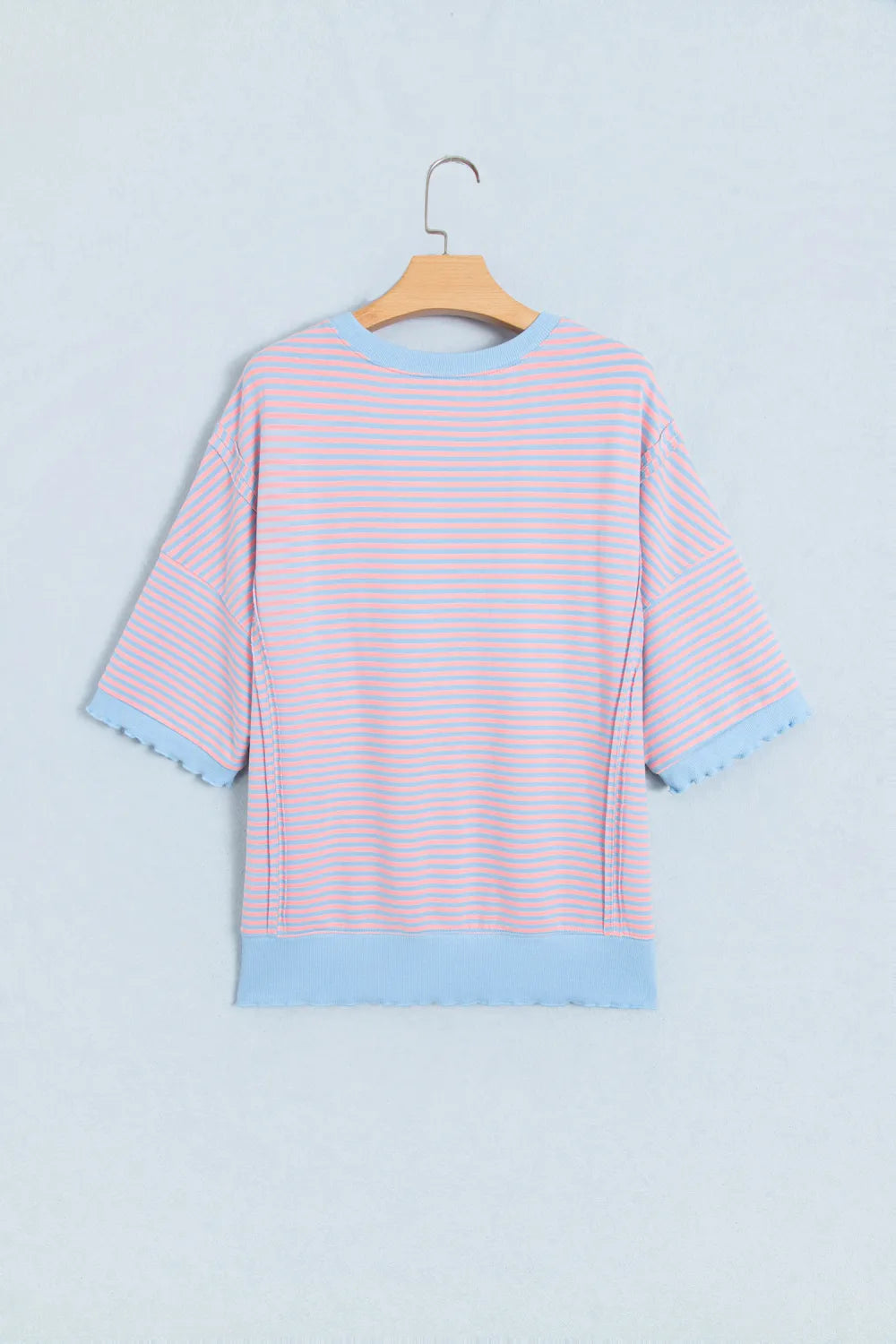 Rissa Sky Blue Stripe Colorblock Scalloped Trim Loose 3/4 Sleeve Top