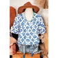 Rita Sky Blue Geometric Print Tassel Drawstring V Neck Blouse