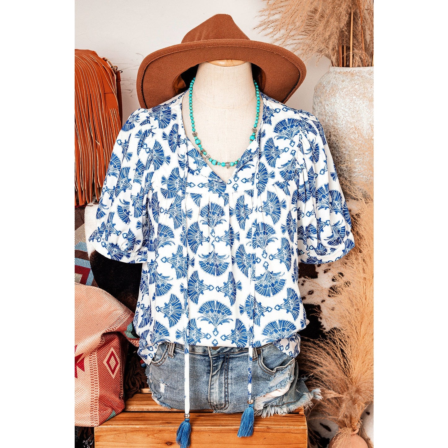 Rita Sky Blue Geometric Print Tassel Drawstring V Neck Blouse