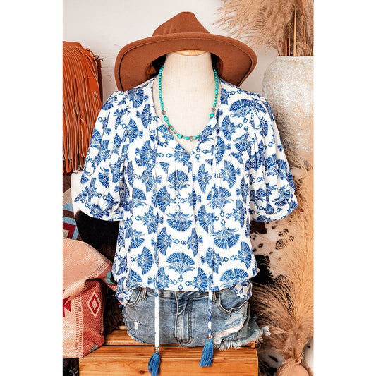 Rita Sky Blue Geometric Print Tassel Drawstring V Neck Blouse
