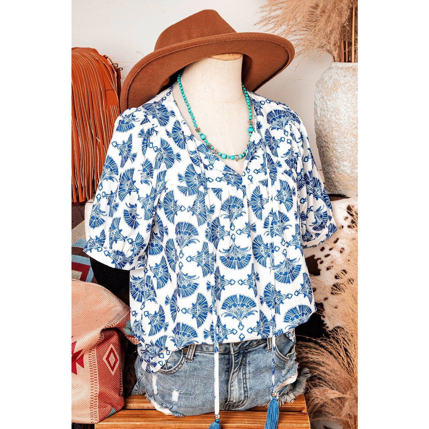 Rita Sky Blue Geometric Print Tassel Drawstring V Neck Blouse