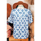 Rita Sky Blue Geometric Print Tassel Drawstring V Neck Blouse