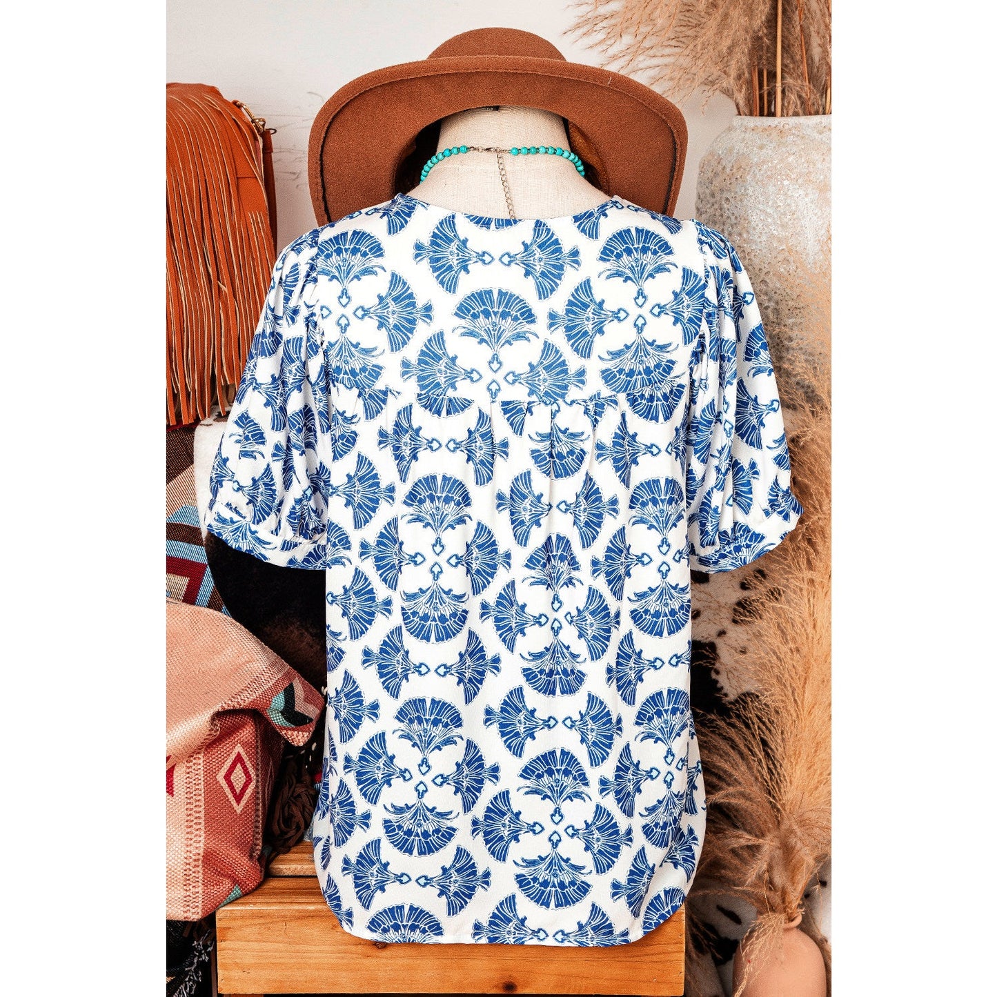 Rita Sky Blue Geometric Print Tassel Drawstring V Neck Blouse