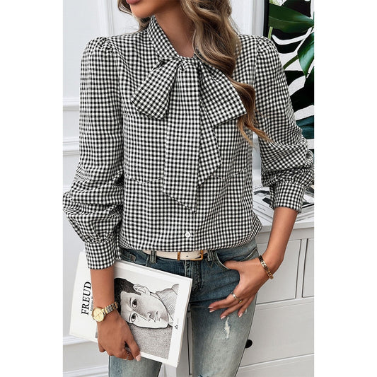 River Black Bow Tie Neck Long Sleeve Button Up Blouse