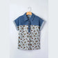 Rocco Floral Print Denim Patchwork Buttoned Polo Collar Top