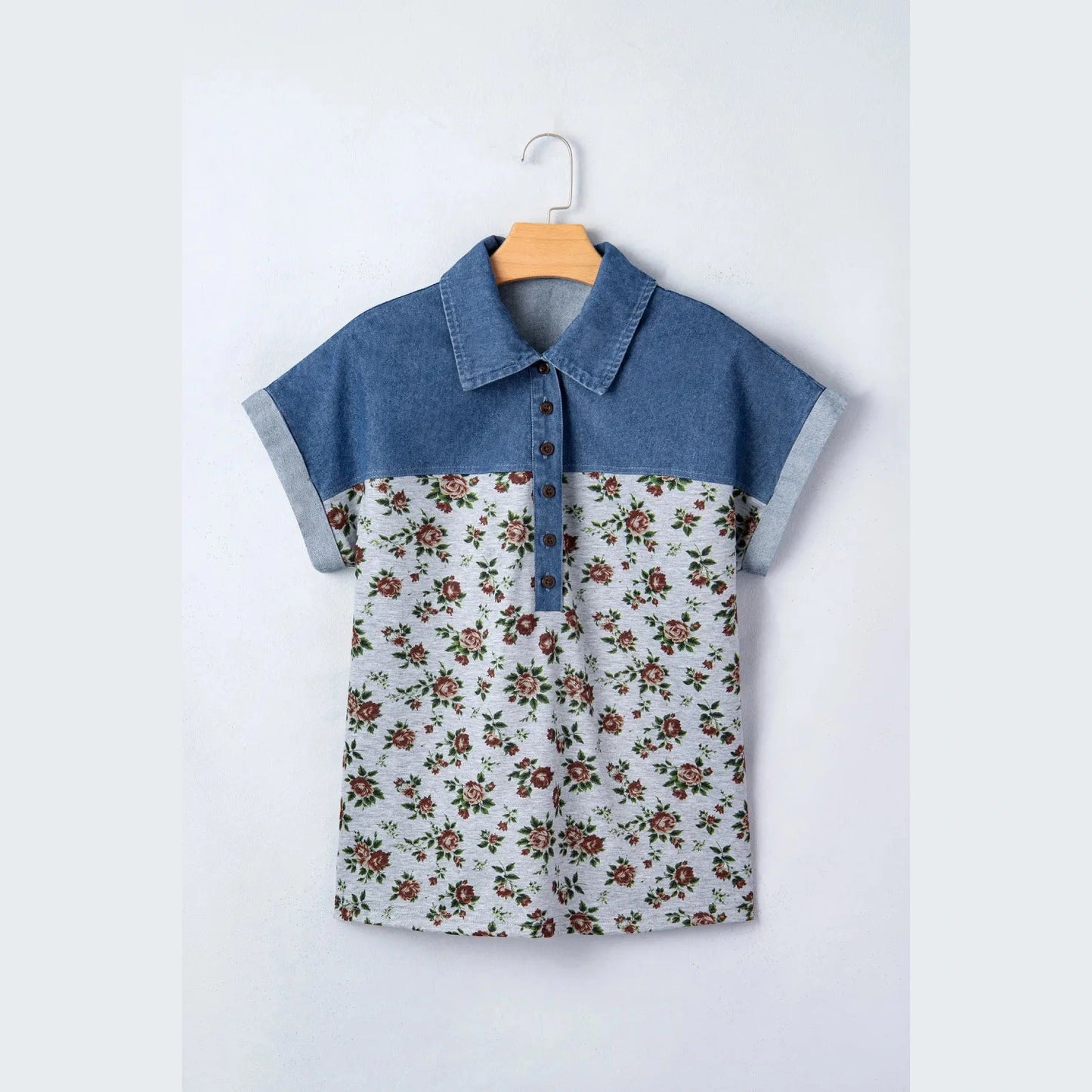 Rocco Floral Print Denim Patchwork Buttoned Polo Collar Top