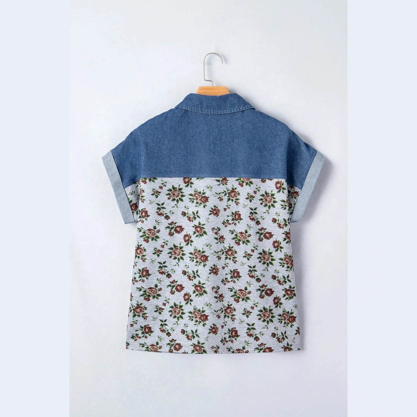 Rocco Floral Print Denim Patchwork Buttoned Polo Collar Top