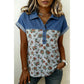 Rocco Floral Print Denim Patchwork Buttoned Polo Collar Top