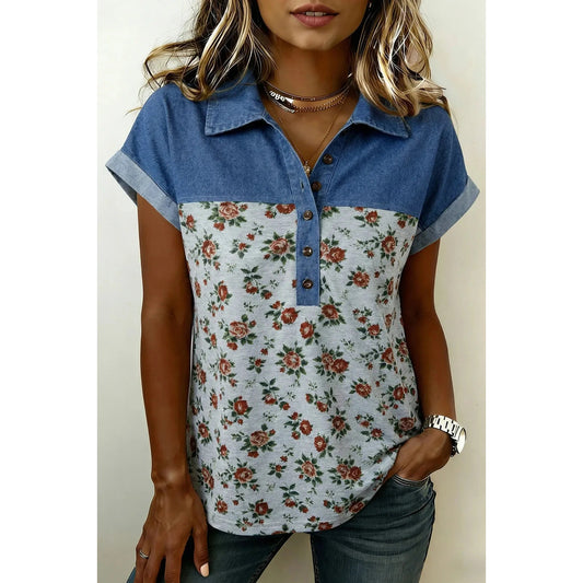 Rocco Floral Print Denim Patchwork Buttoned Polo Collar Top