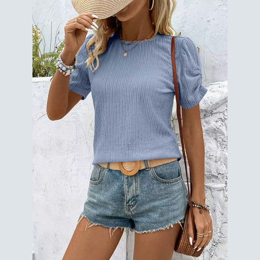 Rochelle Light Blue Textured Short‑Sleeve V‑Neck Top