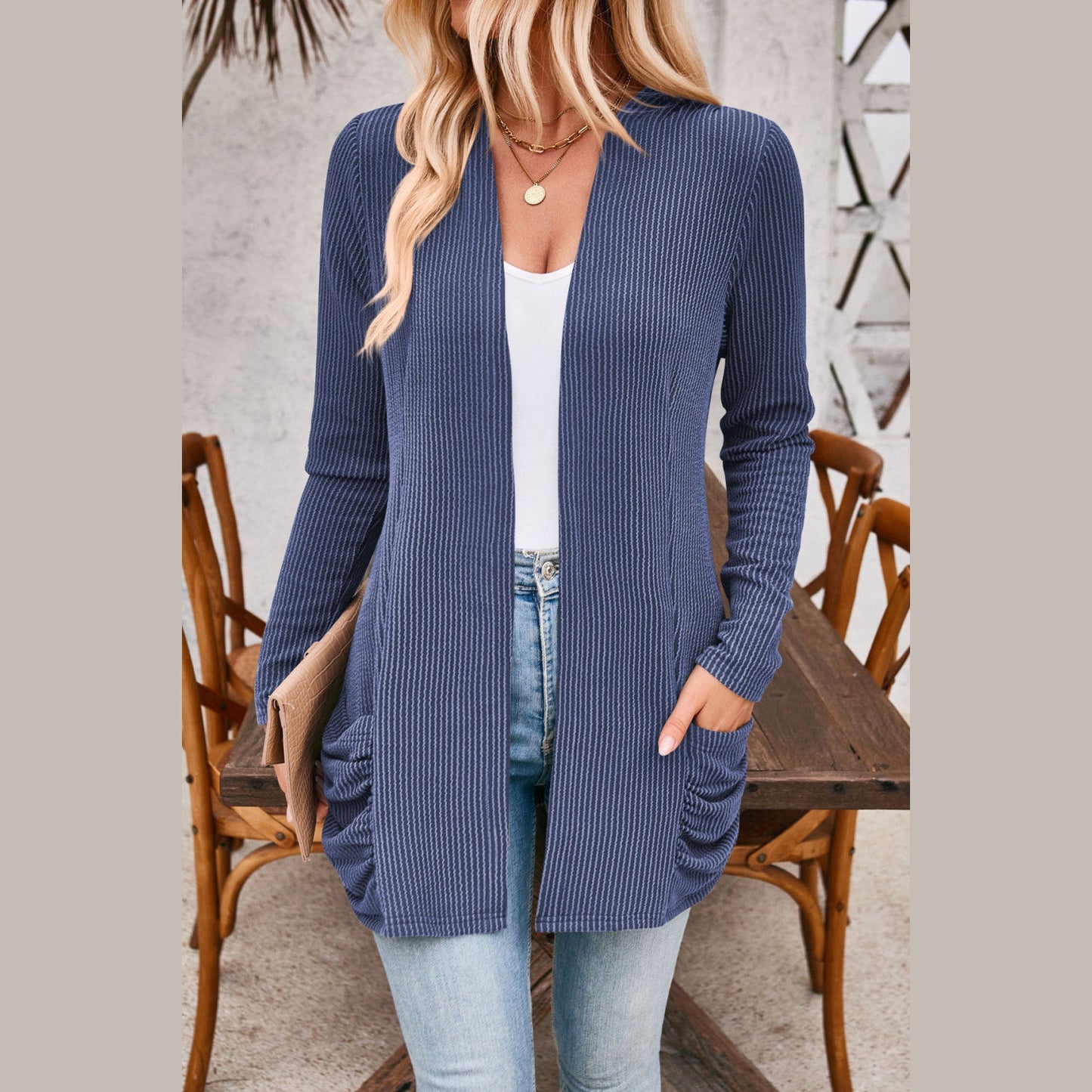 Rochelle Blue Striped Pocket Long Sleeved Cardigan