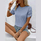 Rochelle Light Blue Textured Short‑Sleeve V‑Neck Top
