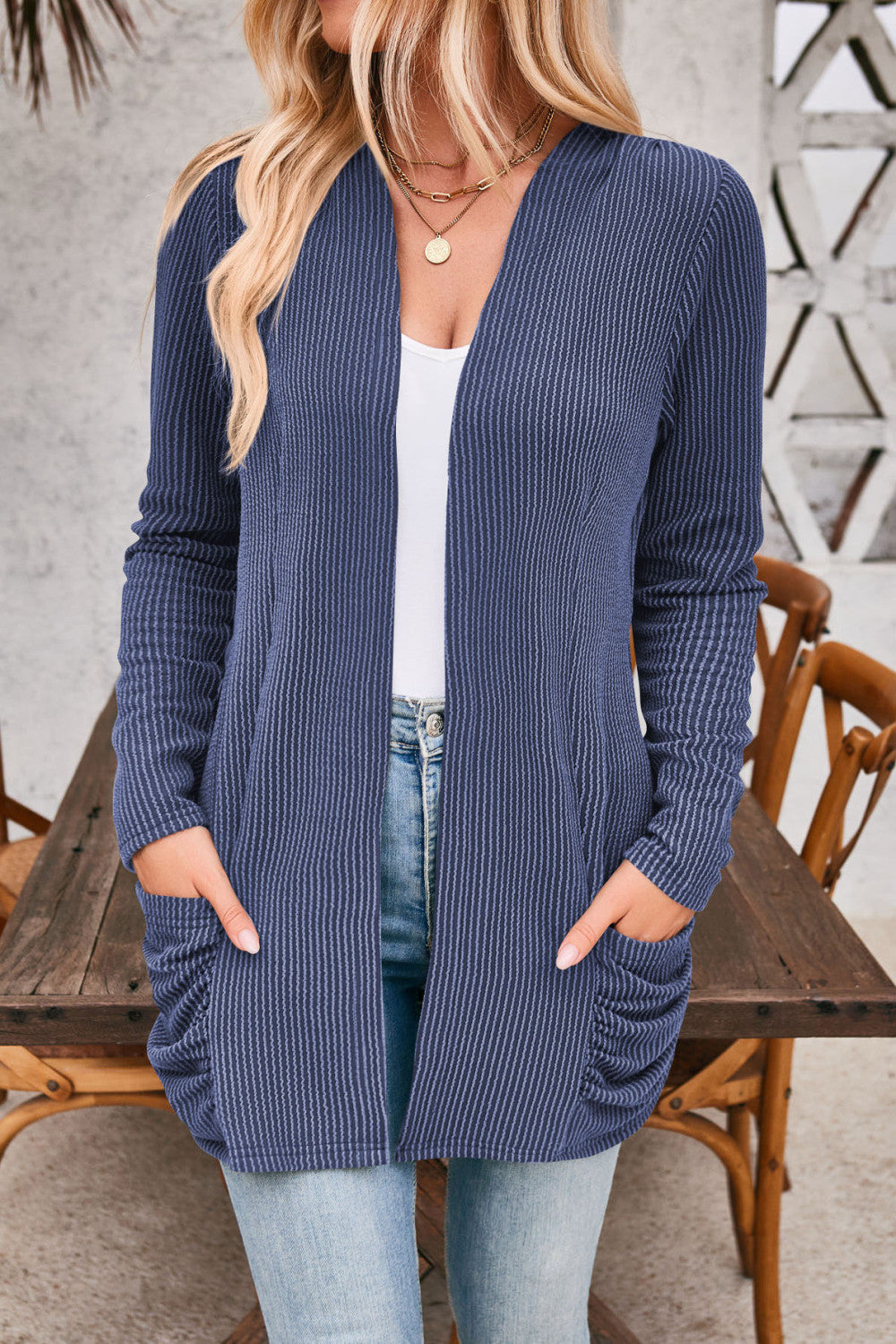 Rochelle Blue Striped Pocket Long Sleeved Cardigan