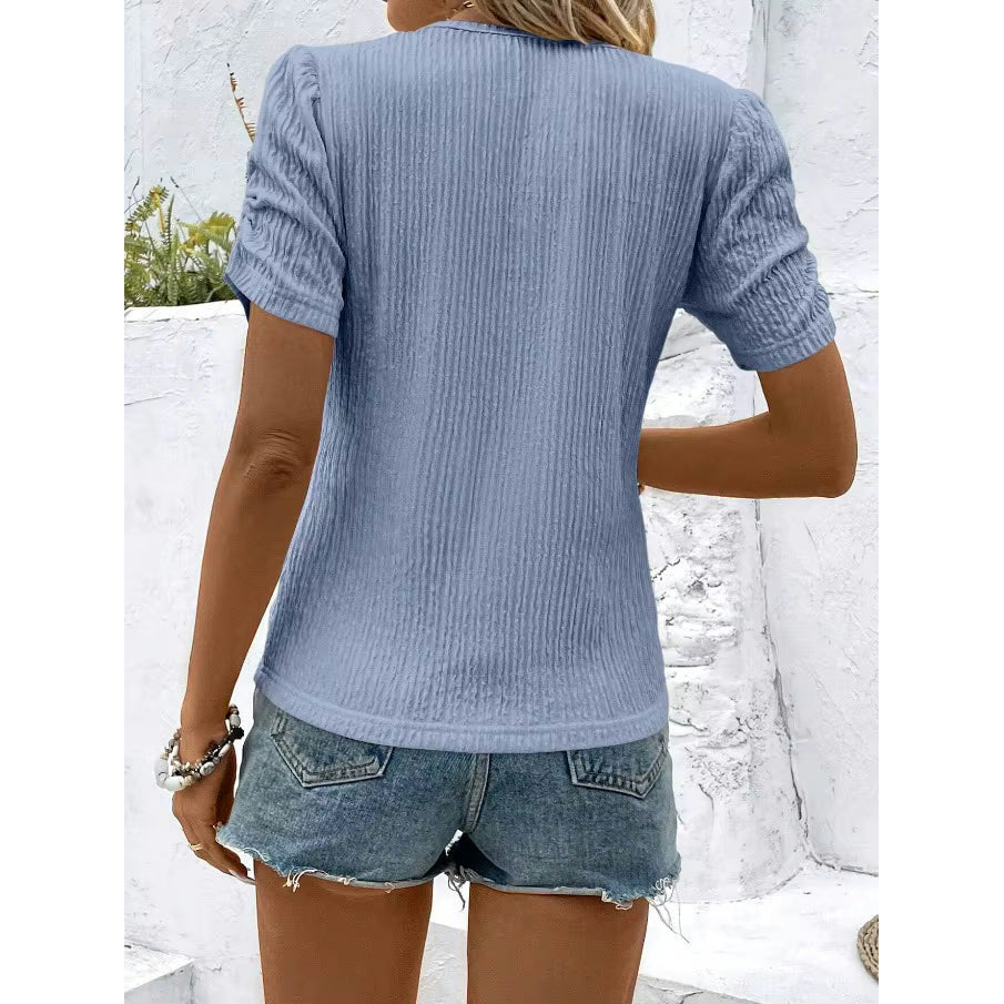 Rochelle Light Blue Textured Short‑Sleeve V‑Neck Top