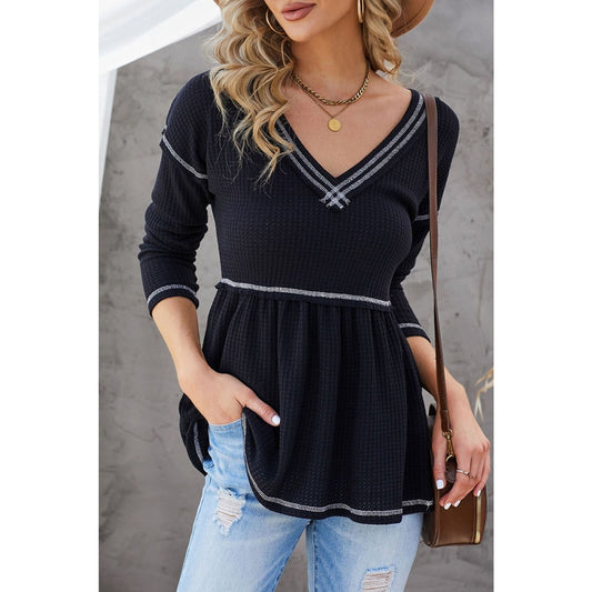 DESTASH Romee V Neck Long Sleeve Colorblock Waffle Babydoll Top