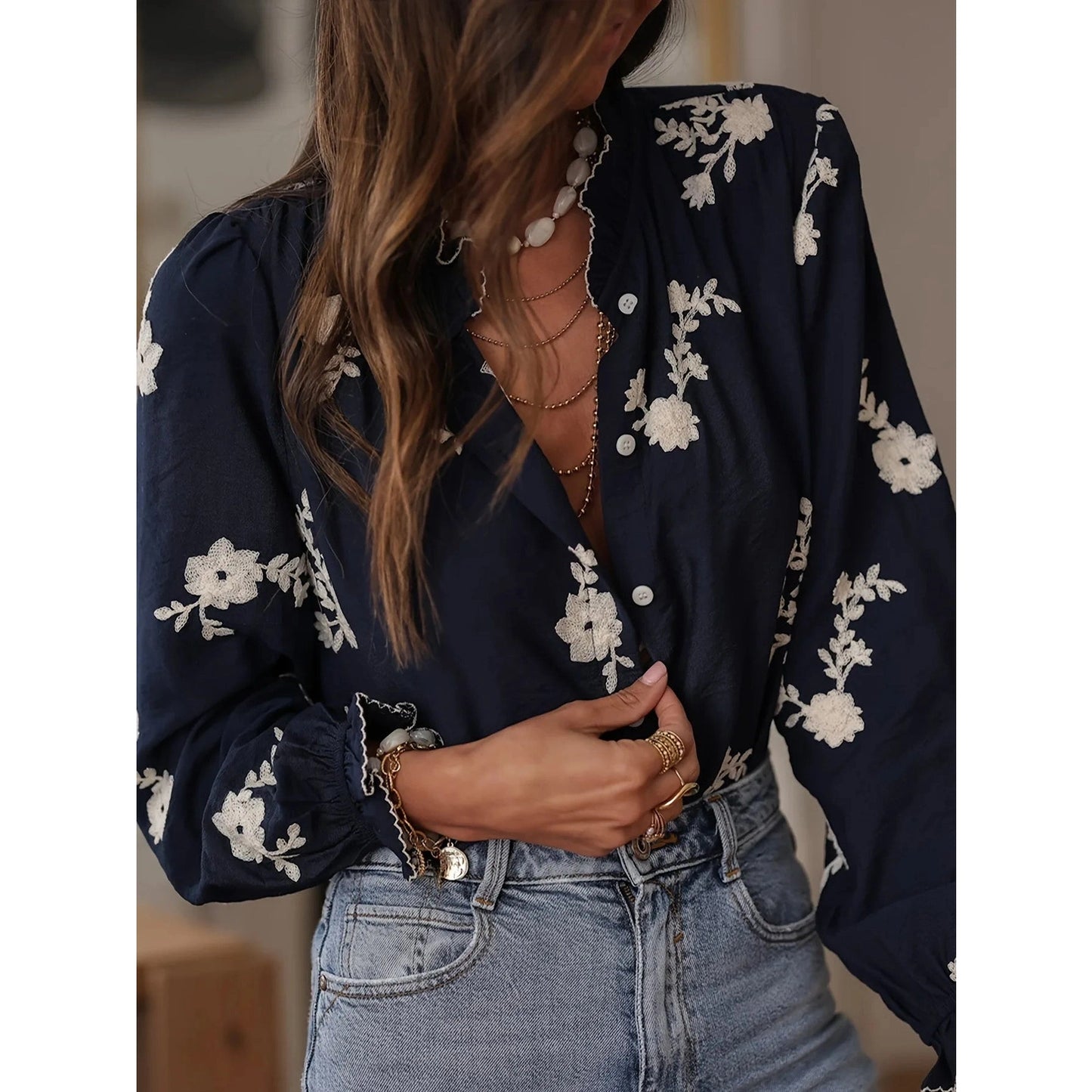 Romilda Navy Floral Ruffle Sleeve Blouse