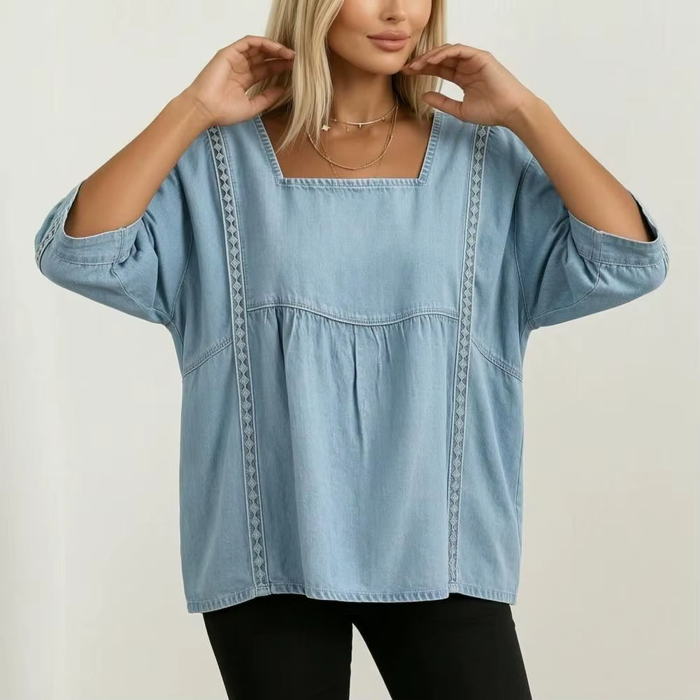 Ronalda Light Blue Denim Square-Neck Top